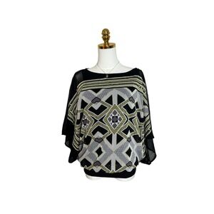 Alfani Woman Sequin Geometric Dolman Sleeve Blouse Black Yellow 0X Mesh Top